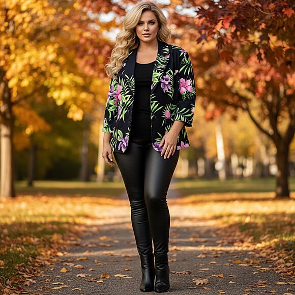 Rafaella Woman 20W Floral Blazer | Plus Size Black Tropical Jacket Lined Stretch - Picture 1 of 6